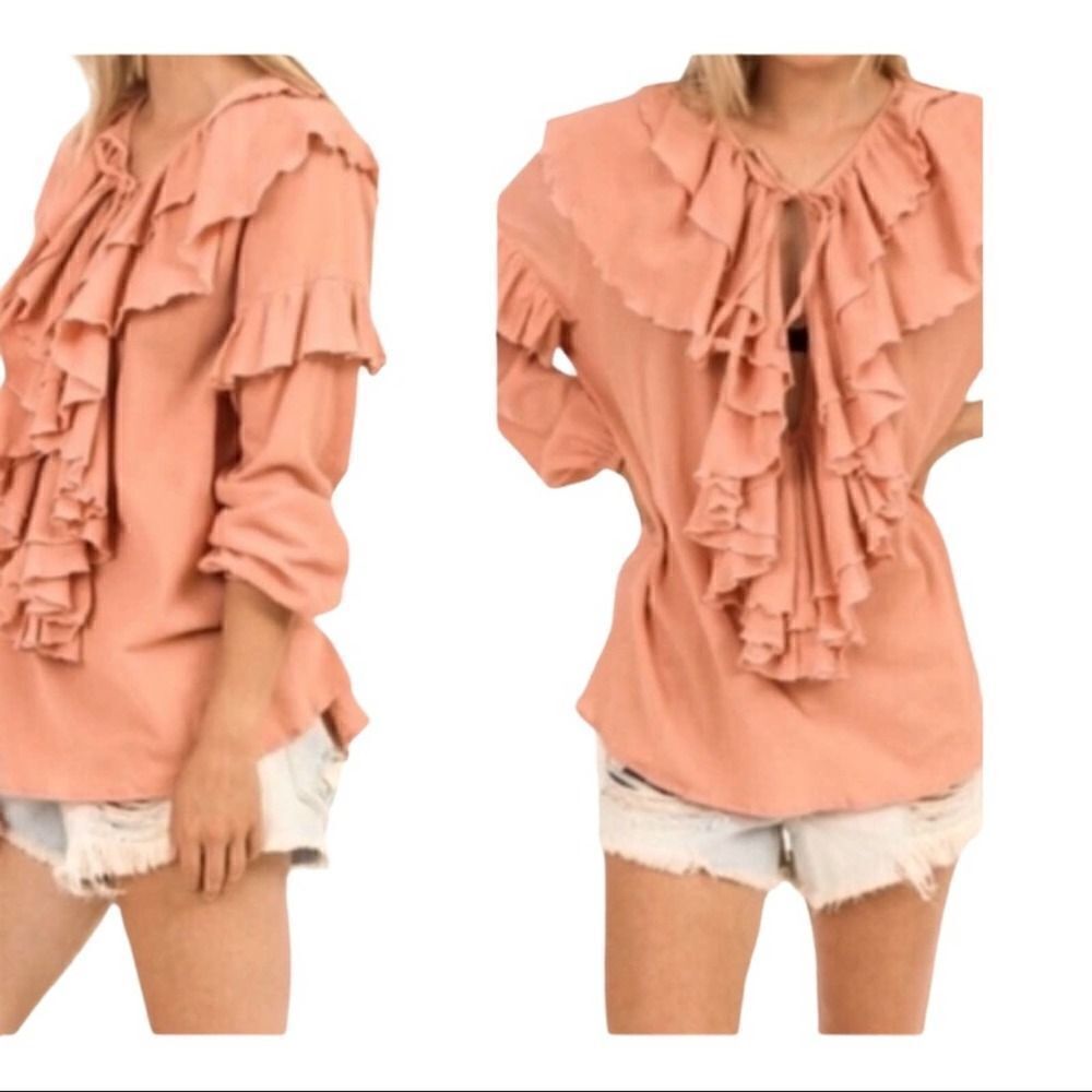 NEW Anthropologie Steele the Label Peach Blush Ruffle Front Blouse Small / S